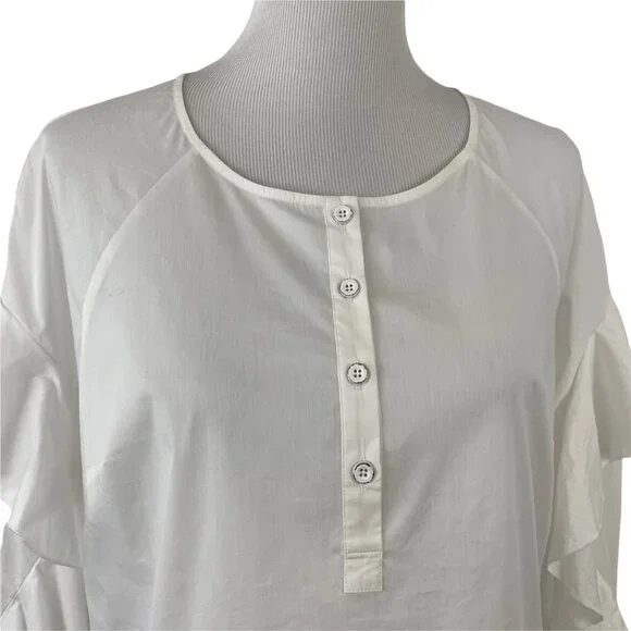 Splendid White Round Neck Button-Placket Ruffle-Sleeve Poplin Shirt Womens Large - Picture 2 of 11